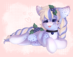 Size: 3000x2369 | Tagged: safe, artist:adostume, oc, oc only, pony, :p, bangs, braid, braided tail, choker, coat markings, eyes closed, facial markings, female, freckles, high res, mare, markings, mlem, on side, pale belly, silly, simple background, snip (coat marking), socks (coat markings), solo, spots, tongue out