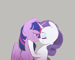 Size: 919x740 | Tagged: safe, artist:j_kei, rarity, twilight sparkle, alicorn, pony, unicorn, g4, crossed horns, eyes closed, female, gray background, holding head, horn, horns are touching, lesbian, mare, ship:rarilight, shipping, simple background, twilight sparkle (alicorn)
