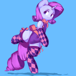 Size: 3500x3500 | Tagged: safe, artist:qweeli, rarity, pony, unicorn, semi-anthro, g4, ambiguous facial structure, arm hooves, blue background, bow, clothes, female, high res, leotard, mare, simple background, socks, solo, stockings, thigh highs