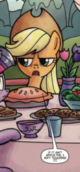 Size: 480x1034 | Tagged: safe, artist:agnesgarbowska, idw, official comic, applejack, twilight sparkle, alicorn, earth pony, pony, friends forever, g4, spoiler:comic, spoiler:comicff10, apple, cropped, female, food, mare, pie, solo focus, speech bubble, that pony sure does love apples, twilight sparkle (alicorn)