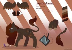 Size: 2048x1453 | Tagged: safe, artist:jayliedoodle, oc, oc:jaylie, pegasus, pony, brown eyes, brown hair, cutie mark, drawing tablet cutie mark, foal, food, long hair, long tail, muffin, ponysona, reference sheet, smol, two toned wings, wings