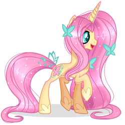 Size: 1689x1693 | Tagged: safe, artist:angellightyt, fluttershy, butterfly, pony, unicorn, g4, female, fluttershy (g5 concept leak), g5 concept leak style, g5 concept leaks, long hair, mare, raised hoof, simple background, solo, transparent background, unicorn fluttershy