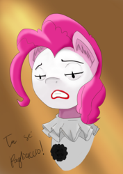 Size: 1754x2480 | Tagged: safe, artist:mediocre, pinkie pie, earth pony, pony, g4, clown, pagliacci costume, sad, simple background