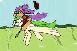Size: 1485x1000 | Tagged: safe, artist:dinexistente, oc, oc only, oc:lettuce leaf, oc:seaweed, pony, clothes, cyoa, cyoa:cirquesque, flying, grass field, ponies riding ponies, riding, riding a pony, spear, weapon