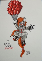 Size: 2368x3478 | Tagged: safe, artist:boyoxhot, oc, oc:penny-pen, earth pony, pony, balloon, claws, clothes, clown, cosplay, costume, creepy, creepy smile, fangs, female, high res, horror, it, looking at you, mare, pennywise, red balloon, smiling, solo, wall eyed