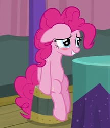 Size: 371x432 | Tagged: safe, screencap, pinkie pie, earth pony, pony, a trivial pursuit, g4, anatomically incorrect, blushing, cropped, cute, diapinkes, embarrassed, female, floppy ears, incorrect leg anatomy, mare, pinkie smile, sitting, smiling, solo