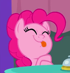 Size: 232x243 | Tagged: safe, screencap, pinkie pie, earth pony, pony, a trivial pursuit, g4, season 9, animated, bust, cropped, cute, diapinkes, eyes closed, female, licking, licking lips, mare, portrait, smiling, solo, tongue out