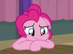 Size: 667x496 | Tagged: safe, screencap, pinkie pie, earth pony, pony, a trivial pursuit, g4, cropped, cute, diapinkes, female, floppy ears, mare, poor pinkie pie, sad, sadorable, sitting, solo