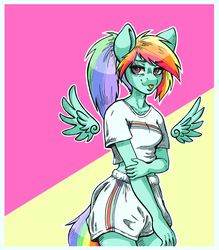 Size: 3424x3915 | Tagged: safe, artist:pitchyy, rainbow dash, pegasus, anthro, g4, 80s, :p, breasts, clothes, delicious flat chest, female, floating wings, high res, looking at you, midriff, pop, rainbow flat, shorts, solo, tongue out, wings