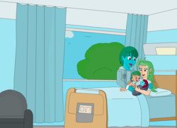 Size: 2769x2007 | Tagged: safe, artist:flawlessvictory20, captain celaeno, oc, oc:azure glide, oc:gale blitzwing, oc:iron wingheart, human, equestria girls, g4, my little pony: the movie, azurlaeno, baby, bed, brother and sister, canon x oc, chair, clothes, cloud, commission, curtains, ear piercing, earring, embrace, equestria girls-ified, family, female, group hug, high res, hoodie, hospital bed, hospital gown, hospital room, hug, husband and wife, jewelry, male, married couple, newborn, offspring, parent:captain celaeno, parent:oc:azure glide, parents:azurlaeno, parents:canon x oc, piercing, ring, siblings, smiling, swaddling, toddler, tree, wedding ring, window