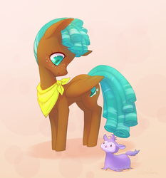 Size: 1893x2029 | Tagged: safe, artist:perilune, bloofy, spur, pegasus, pony, whirling mungtooth, g4, growing up is hard to do, bandana, duo, female, ringlets, simple background