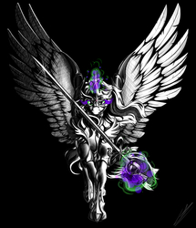Size: 4300x5000 | Tagged: safe, artist:lupiarts, twilight sparkle, alicorn, pony, g4, armor, dark magic, digital art, evil twilight, female, looking at you, magic, rapier, solo, sombra eyes, spread wings, sword, weapon, wing armor, wings