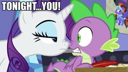 Size: 960x540 | Tagged: safe, edit, edited screencap, screencap, rarity, spike, dragon, pony, unicorn, dragon dropped, g4, season 9, age difference, aqua teen hunger force, boop, caption, duo, duo male and female, female, hand banana, horn, image macro, implied shipping, implied sparity, implied straight, male, noseboop, ship:sparity, shipping, straight, text, tonight you, winged spike, wings