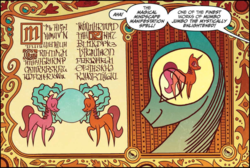 Size: 1063x713 | Tagged: safe, artist:brenda hickey, idw, official comic, pony, friends forever #17, g4, my little pony: friends forever, spoiler:comic, illustration, mumbo jumbo the mystically enlightened, offscreen character, speech bubble, written equestrian