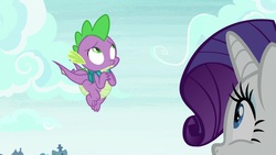 Size: 1920x1080 | Tagged: safe, screencap, rarity, spike, dragon, pony, dragon dropped, g4, backpack, claws, female, male, mare, winged spike, wings