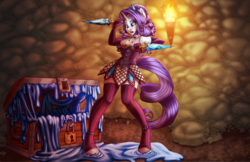Size: 1275x825 | Tagged: safe, artist:bumblebun, part of a set, rarity, goo, unicorn, anthro, unguligrade anthro, abstract background, clothes, commission, dagger, digital art, evening gloves, fantasy class, female, fetish, gloves, horn, knife, long gloves, mare, rogue, slime, smiling, socks, solo, thigh highs, treasure chest, weapon, zettai ryouiki
