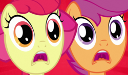 Size: 1000x590 | Tagged: safe, screencap, apple bloom, scootaloo, earth pony, pegasus, pony, g4, one bad apple, cropped, duo, open mouth, red background, simple background