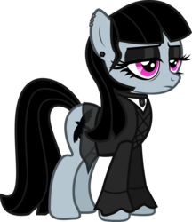 Size: 785x908 | Tagged: safe, artist:lightningbolt, derpibooru exclusive, oc, oc only, oc:goth lass, earth pony, pony, g4, .svg available, bags under eyes, choker, clothes, dyed mane, dyed tail, ear piercing, earring, eyeliner, eyeshadow, female, frown, gem, goth, jewelry, lidded eyes, long sleeves, makeup, mare, mother, piercing, shirt, show accurate, simple background, skirt, solo, svg, transparent background, transparent skirt, undershirt, vector