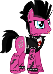 Size: 786x1105 | Tagged: safe, artist:lightningbolt, derpibooru exclusive, oc, oc only, oc:punk dude, earth pony, pony, g4, .svg available, anarchy, bridge piercing, clothes, dyed mane, dyed tail, ear piercing, earring, eyebrow piercing, eyeliner, father, gauges, jacket, jewelry, leather jacket, lip piercing, makeup, male, mohawk, neck piercing, nose piercing, piercing, punk, safety pin, shirt, show accurate, simple background, sleeveless, snake bites, solo, stallion, studded bracelet, svg, tail band, tattoo, tongue out, tongue piercing, transparent background, undershirt, vector