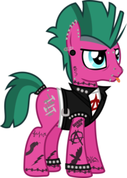 Size: 786x1105 | Tagged: safe, artist:lightningbolt, derpibooru exclusive, oc, oc only, oc:punk dude, earth pony, pony, g4, .svg available, anarchy, bridge piercing, clothes, ear piercing, earring, eyebrow piercing, eyeliner, father, gauges, jacket, jewelry, leather jacket, lip piercing, makeup, male, mohawk, neck piercing, nose piercing, piercing, punk, safety pin, shirt, show accurate, simple background, sleeveless, snake bites, solo, stallion, studded bracelet, svg, tail band, tattoo, tongue out, tongue piercing, transparent background, undershirt, vector