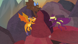 Size: 1280x720 | Tagged: safe, screencap, billy, clump, dragon, g4, sweet and smoky, flying, male, rock, teenaged dragon, trio