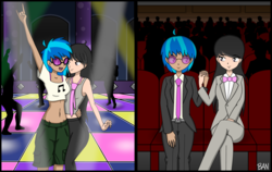 Size: 4442x2800 | Tagged: safe, artist:banquo0, dj pon-3, octavia melody, vinyl scratch, human, g4, alternate hairstyle, belly button, bowtie, clothes, club, concert, cute, dancing, devil horn (gesture), female, glasses, holding hands, hug, humanized, jeans, midriff, necktie, open mouth, pants, short shirt, shorts, suit, tank top
