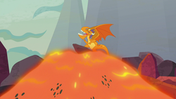 Size: 1280x720 | Tagged: safe, screencap, billy, dragon, g4, sweet and smoky, lava, lava surfing, lavafall, male, solo, spread wings, teenaged dragon, wings