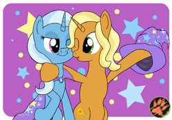 Size: 3200x2223 | Tagged: safe, artist:darkprinceismyname, sunflower spectacle, trixie, pony, unicorn, g4, abstract background, duo, duo female, female, high res, like mother like daughter, like parent like child, mare, mother and daughter, smiling