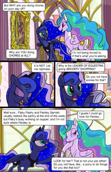 Size: 1989x3072 | Tagged: safe, artist:docwario, princess celestia, princess luna, alicorn, pony, comic:royal chores, g4, angry, comic, eyes closed, jewelry, necklace, open mouth, royal sisters, speech bubble