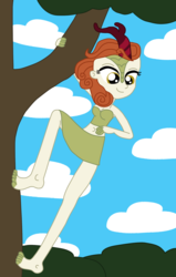 Size: 1484x2328 | Tagged: safe, artist:equestriaguy637, autumn blaze, kirin, equestria girls, g4, barefoot, belly, belly button, branches, climbing, clothes, cloud, equestria girls-ified, feet, female, hanging, looking down, midriff, skirt, sky, smiling, solo, stick, tree, tube top