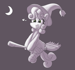 Size: 3616x3363 | Tagged: safe, artist:pabbley, sweetie belle, pony, g4, bell, broom, clothes, cute, diasweetes, female, flying, flying broomstick, halloween, happy, hat, heart, high res, holiday, open mouth, socks, solo, witch, witch hat
