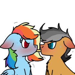 Size: 768x768 | Tagged: safe, artist:primstreak97, quibble pants, rainbow dash, g4, alternate hairstyle, blushing, blushing profusely, ear blush, female, food, male, pocky, pocky game, ship:quibbledash, shipping, simple background, straight, white background