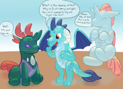 Size: 2768x2000 | Tagged: safe, artist:mr.flames, ocellus, pharynx, princess ember, balloon pony, changedling, changeling, dragon, inflatable pony, pony, g4, balloon, cute, diaocelles, emberbetes, female, high res, inanimate tf, inflatable, inflatable toy, latex, living toy, male, pharybetes, prince pharynx, pun, rubber, smiling, speech bubble, transformation