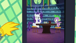 Size: 1280x720 | Tagged: safe, edit, screencap, gabby, rarity, spike, dragon, griffon, pony, unicorn, dragon dropped, g4, animated, dungeons and dragons, library, ogres and oubliettes, sound, twilight's castle, twilight's castle library, webm, winged spike, wings, zoomed in