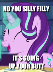 Size: 461x618 | Tagged: safe, edit, edited screencap, screencap, starlight glimmer, pony, every little thing she does, g4, caption, cropped, eyes closed, female, glowing horn, horn, image macro, implied anal insertion, implied insertion, right up the butt, solo, text
