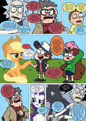 Size: 800x1133 | Tagged: safe, artist:imbriaart, applejack, rarity, earth pony, human, pig, pony, unicorn, comic:magic princess war, g4, clothes, comic, crossover, dipper pines, gravity falls, mabel pines, male, morty smith, rick and morty, rick sanchez, stanford pines
