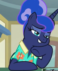 Size: 500x612 | Tagged: safe, screencap, princess luna, pony, between dark and dawn, g4, clothes, cropped, cute, faic, female, hawaiian shirt, hoof on chin, lidded eyes, lunabetes, mare, post office, shirt, smiling, solo