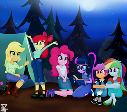 Size: 2000x1760 | Tagged: safe, artist:theretroart88, part of a set, apple bloom, applejack, pinkie pie, rainbow dash, sci-twi, scootaloo, twilight sparkle, equestria girls, g4, book, camper, camping, clothes, converse, freckles, full moon, glasses, moon, night, pants, requested art, shoes, sneakers, stars, tent, tree
