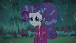 Size: 600x338 | Tagged: safe, screencap, rarity, equestria girls, g4, inclement leather, my little pony equestria girls: choose your own ending, animated, clothes, female, forest, gif, jacket, outdoors, rain, sad, solo, suede jacket