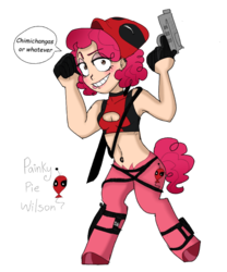 Size: 768x922 | Tagged: safe, artist:unoriginai, pinkie pie, oc, oc:painkie, satyr, g4, boob window, clothes, cosplay, costume, crossover, crossover shipping, deadpool, female, fourth wall, gun, looking at you, male, marvel, mask, offspring, parent:deadpool, parent:pinkie pie, parents:pinkiepool, pinkiepool, pinkiepool (pairing), speech bubble, sports bra, talking to viewer, weapon
