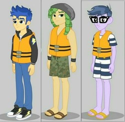 Size: 694x676 | Tagged: safe, flash sentry, microchips, sandalwood, equestria girls, equestria girls series, g4, spring breakdown, leak, spoiler:eqg series (season 2), arms, clothes, converse, feet, glasses, legs, lifejacket, male, male feet, sandals, shoes, shorts, smiling, sneakers