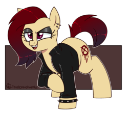 Size: 1800x1600 | Tagged: safe, artist:notenoughapples, oc, oc only, oc:vulgar, earth pony, pony, clothes, jacket, leather jacket, piercing, simple background, solo