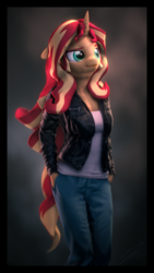 Size: 2160x3840 | Tagged: safe, artist:imafutureguitarhero, sunset shimmer, unicorn, anthro, g4, 3d, 4k, border, chromatic aberration, clothes, colored eyebrows, female, film grain, floppy ears, hand in pocket, high res, horn, jacket, jeans, leather jacket, long hair, long mane, looking up, mare, multicolored hair, multicolored tail, pants, raised eyebrow, signature, solo, source filmmaker, tank top, vertical