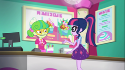 Size: 1920x1080 | Tagged: safe, screencap, sci-twi, stella sprinkles, twilight sparkle, equestria girls, g4, my little pony equestria girls: choose your own ending, tip toppings, tip toppings: twilight sparkle, braces, cash register, cashier, clothes, counter, female, froyo, frozen yogurt, frozen yogurt shop, geode of telekinesis, glasses, magical geodes, orthodontic headgear, pigtails, ponytail, sign, skirt, smiling, written equestrian