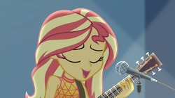 Size: 1920x1080 | Tagged: safe, screencap, sunset shimmer, equestria girls, equestria girls series, g4, let it rain, spoiler:eqg series (season 2), acoustic guitar, beautiful, cute, eyes closed, guitar, happy, microphone, microphone stand, musical instrument, open mouth, shimmerbetes, singing, smiling