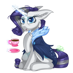 Size: 2000x2000 | Tagged: safe, artist:redheartponiesfan, rarity, pony, g4, the last problem, clothes, coat, coffee, cup, eyeshadow, female, food, glowing horn, high res, horn, magic, makeup, mare, older, open mouth, raised hoof, simple background, solo, tea, teacup, transparent background