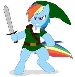 Size: 884x904 | Tagged: safe, artist:asscadoodle, rainbow dash, pegasus, pony, g4, bipedal, dexterous hooves, digital art, female, hoof hold, simple background, solo, sword, the legend of zelda, weapon, white background
