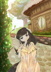 Size: 1800x2546 | Tagged: safe, artist:woofmaple, octavia melody, earth pony, anthro, g4, clothes, dress, female, house, peace sign, solo, tree