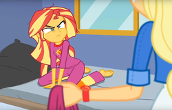 Size: 1421x917 | Tagged: safe, applejack, sunset shimmer, equestria girls, g4, my little pony equestria girls: choose your own ending, wake up!, wake up!: applejack, angry, barefoot, bed, bed hair, bed mane, clothes, cropped, duo, feet, glare, grumpy, humans doing horse things, pajamas, shrunken pupils, sunset shimmer is not amused, unamused