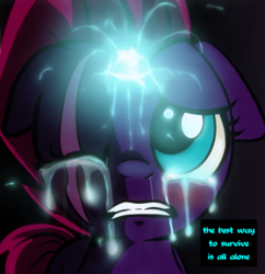 Size: 1231x1270 | Tagged: safe, artist:dsana, edit, fizzlepop berrytwist, tempest shadow, pony, unicorn, comic:a storm's lullaby, g4, my little pony: the movie, alone, broken horn, caption, comic, cropped, crying, female, filly, flashback, horn, injured, lyrics, magic, open up your eyes, pain, sad, scar, text